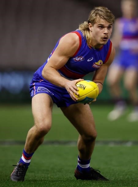 Bailey Smith of the Bulldogs in action during the 2021 AFL Round 23 match between the Western Bulldogs and the Port Adelaide Power at Marvel Stadium...