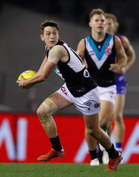 Zak Butters of the Power in action during the 2021 AFL Round 23 match between the Western Bulldogs and the Port Adelaide Power at Marvel Stadium on...