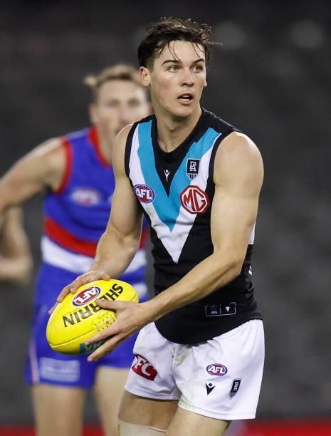 Connor Rozee of the Power in action during the 2021 AFL Round 23 match between the Western Bulldogs and the Port Adelaide Power at Marvel Stadium on...