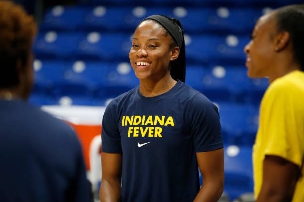 Lindsay Allen of the Indiana Fever smiles before the game against the Dallas Wings on August 20, 2021 at the College Park Center in Arlington, TX....