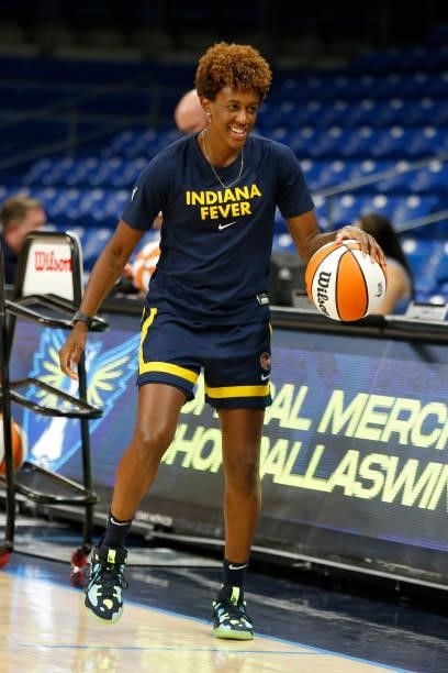 Danielle Robinson of the Indiana Fever warms up prior to the game against the Dallas Wings on August 20, 2021 at the College Park Center in...