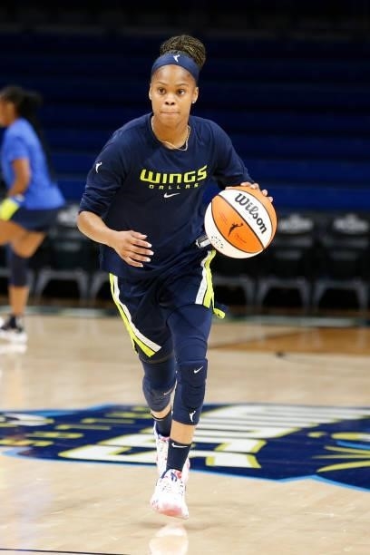 Moriah Jefferson of the Dallas Wings warms up prior to the game against the Indiana Fever on August 20, 2021 at the College Park Center in Arlington,...