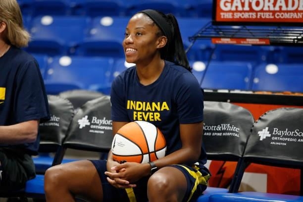 Lindsay Allen of the Indiana Fever smiles before the game against the Dallas Wings on August 20, 2021 at the College Park Center in Arlington, TX....