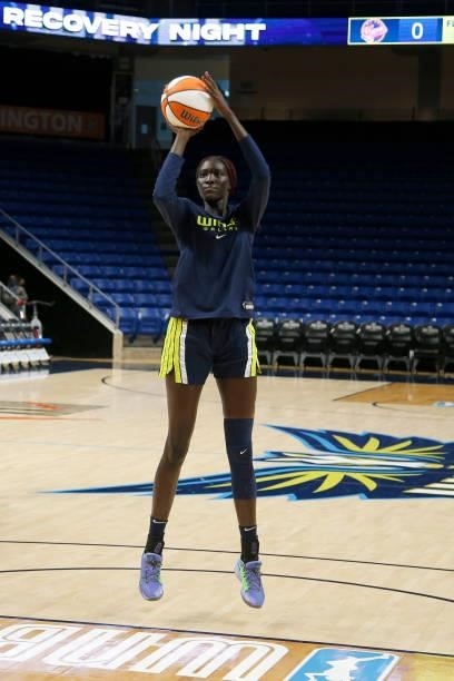 Awak Kuier of the Dallas Wings warms up prior to the game against the Indiana Fever on August 20, 2021 at the College Park Center in Arlington, TX....