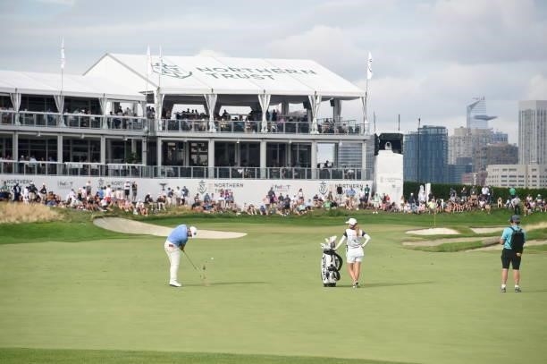 Lee Westwood of England hits his second shot during the second round of THE NORTHERN TRUST at Liberty National Golf Club on August 20, 2021 in Jersey...