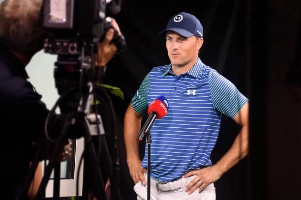 Jordan Spieth is interviewed during the second round of THE NORTHERN TRUST at Liberty National Golf Club on August 20, 2021 in Jersey City, New...