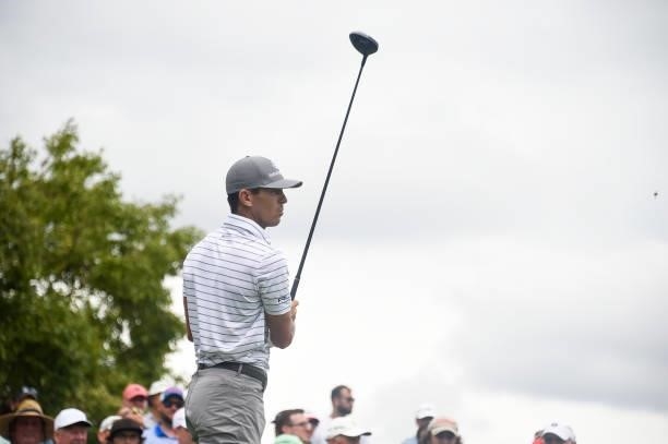 Billy Horschel watches his tee shot on the 17th hole during the second round of THE NORTHERN TRUST at Liberty National Golf Club on August 20, 2021...