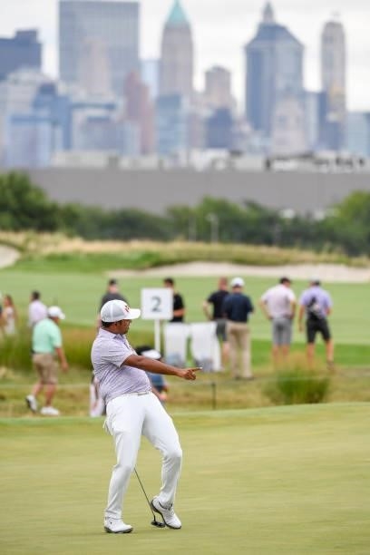 Anirban Lahiri of India reacts to missing his birdie putt at the second hole during the second round of THE NORTHERN TRUST at Liberty National Golf...