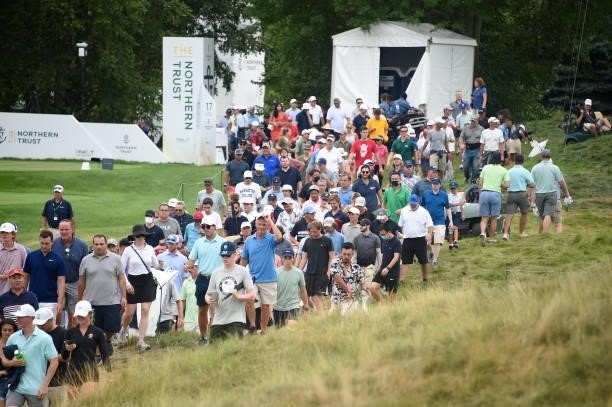 Fans are seen along the 17th fairway during the second round of THE NORTHERN TRUST at Liberty National Golf Club on August 20, 2021 in Jersey City,...