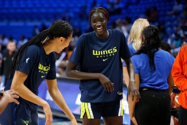 Awak Kuier of the Dallas Wings smiles before the game against the Indiana Fever on August 20, 2021 at the College Park Center in Arlington, TX. NOTE...