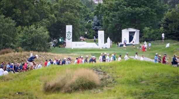Spectators cross the 17th hole during the second round of THE NORTHERN TRUST at Liberty National Golf Club on August 20, 2021 in Jersey City, New...