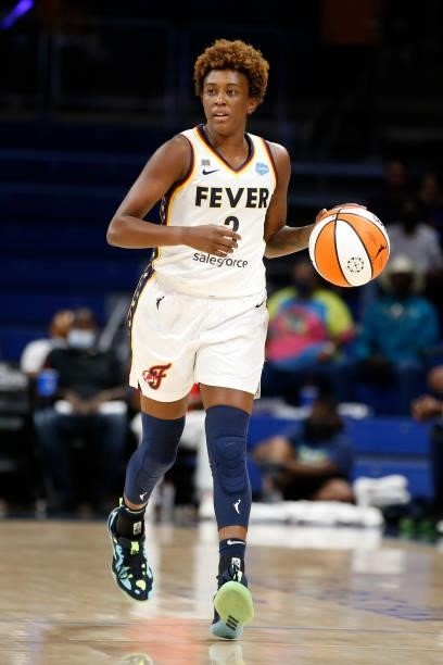 Danielle Robinson of the Indiana Fever dribbles the ball during the game against the Dallas Wings on August 20, 2021 at the College Park Center in...