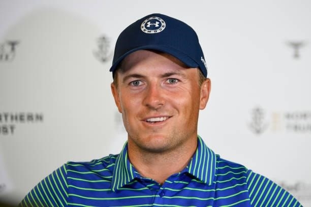 Jordan Spieth talks with the media after his second round of THE NORTHERN TRUST at Liberty National Golf Club on August 20, 2021 in Jersey City, New...