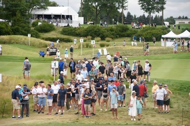 Fans are seen on course during the second round of THE NORTHERN TRUST at Liberty National Golf Club on August 20, 2021 in Jersey City, New Jersey.