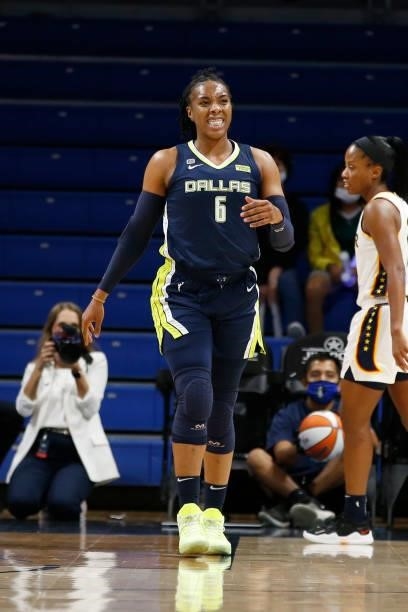 Kayla Thornton of the Dallas Wings smiles during the game against the Indiana Fever on August 20, 2021 at the College Park Center in Arlington, TX....