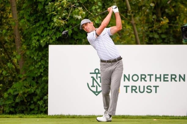 Billy Horschel hits his tee shot at the 18th hole during the second round of THE NORTHERN TRUST at Liberty National Golf Club on August 20, 2021 in...