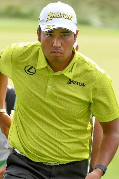 Hideki Matsuyama of Japan at the 15the green during the second round of THE NORTHERN TRUST at Liberty National Golf Club on August 20, 2021 in Jersey...