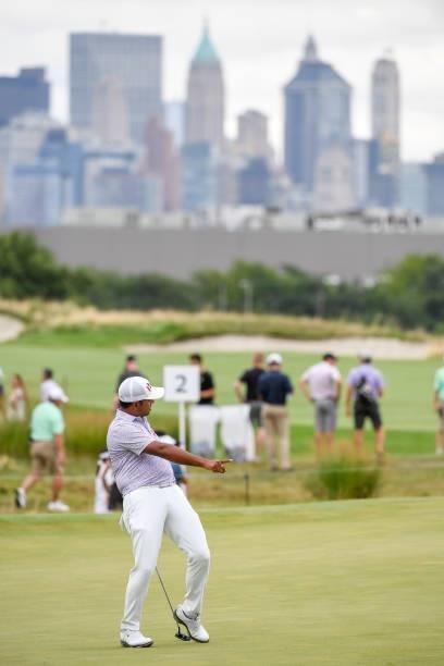 Anirban Lahiri of India reacts to missing his birdie putt at the second hole during the second round of THE NORTHERN TRUST at Liberty National Golf...