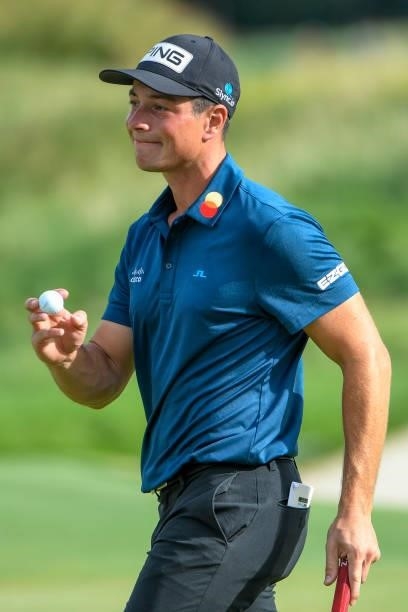 Viktor Hovland of Norway smiles at the 15th green during the second round of THE NORTHERN TRUST at Liberty National Golf Club on August 20, 2021 in...