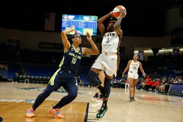 Danielle Robinson of the Indiana Fever drives to the basket during the game against the Dallas Wings on August 20, 2021 at the College Park Center in...
