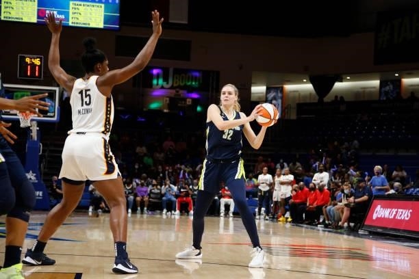 Bella Alarie of the Dallas Wings handles the ball during the game against the Indiana Fever on August 20, 2021 at the College Park Center in...