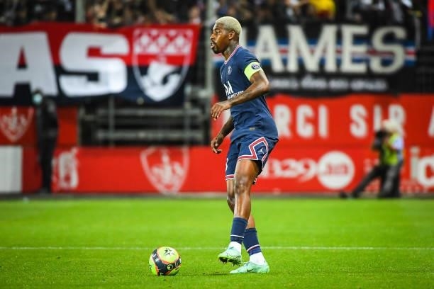 Presnel KIMPEMBE of PSG during the Ligue 1 Uber Eats match between Brest and Paris Saint Germain at Stade Francis Le Ble on August 20, 2021 in Brest,...