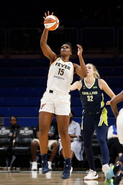 Teaira McCowan of the Indiana Fever catches the ball during the game against the Dallas Wings on August 20, 2021 at the College Park Center in...
