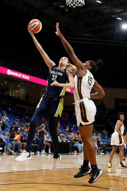 Bella Alarie of the Dallas Wings drives to the basket during the game against the Indiana Fever on August 20, 2021 at the College Park Center in...