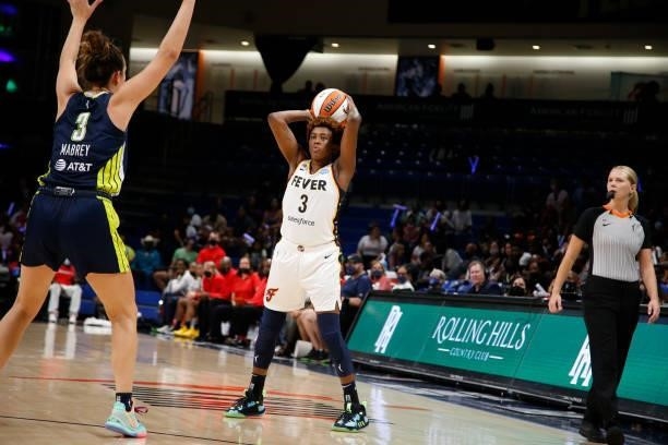Danielle Robinson of the Indiana Fever handles the ball during the game against the Dallas Wings on August 20, 2021 at the College Park Center in...