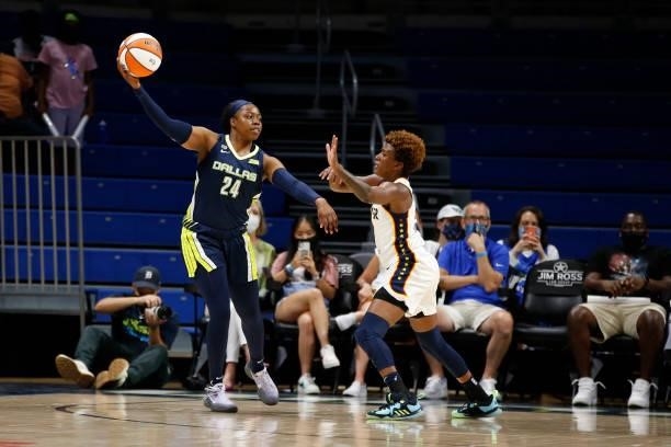 Arike Ogunbowale of the Dallas Wings passes the ball during the game against the Indiana Fever on August 20, 2021 at the College Park Center in...