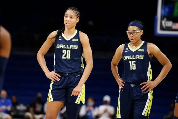 Isabelle Harrison of the Dallas Wings talks with Allisha Gray of the Dallas Wings during the game against the Indiana Fever on August 20, 2021 at the...