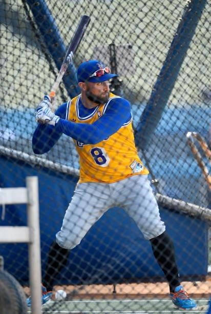 Kevin Pillar of the New York Mets takes batting practice wearing a basketball jersey in honor of the late superstar Kobe Bryant of the Los Angeles...