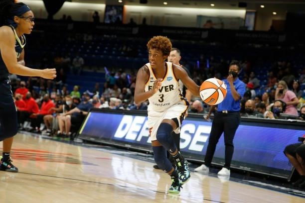 Danielle Robinson of the Indiana Fever drives to the basket during the game against the Dallas Wings on August 20, 2021 at the College Park Center in...