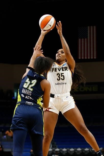 Victoria Vivians of the Indiana Fever shoots the ball during the game against the Dallas Wings on August 20, 2021 at the College Park Center in...