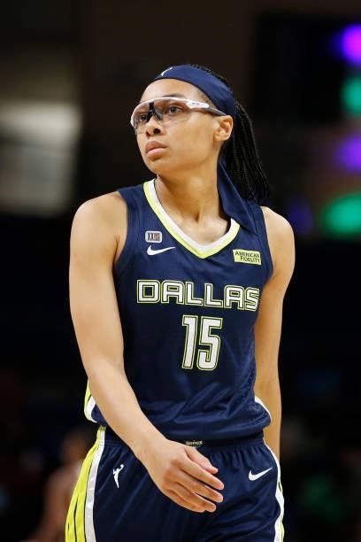 Allisha Gray of the Dallas Wings looks on during the game against the Indiana Fever on August 20, 2021 at the College Park Center in Arlington, TX....