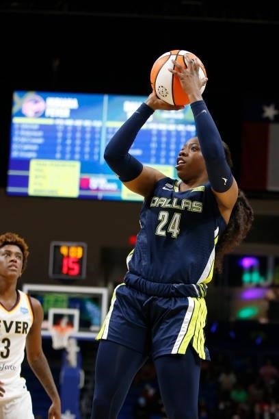Arike Ogunbowale of the Dallas Wings shoots the ball during the game against the Indiana Fever on August 20, 2021 at the College Park Center in...
