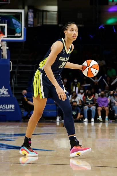 Isabelle Harrison of the Dallas Wings dribbles the ball during the game against the Indiana Fever on August 20, 2021 at the College Park Center in...
