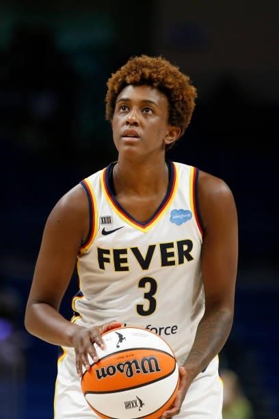 Danielle Robinson of the Indiana Fever shoots a free throw during the game against the Dallas Wings on August 20, 2021 at the College Park Center in...
