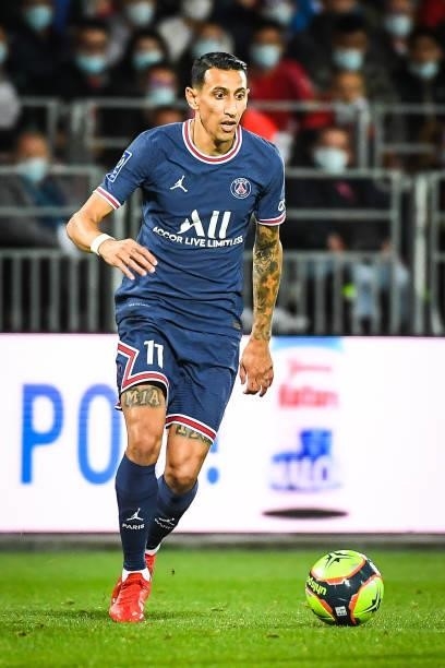 Angel DI MARIA of PSG during the Ligue 1 Uber Eats match between Brest and Paris Saint Germain at Stade Francis Le Ble on August 20, 2021 in Brest,...