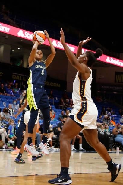 Moriah Jefferson of the Dallas Wings shoots the ball during the game against the Indiana Fever on August 20, 2021 at the College Park Center in...