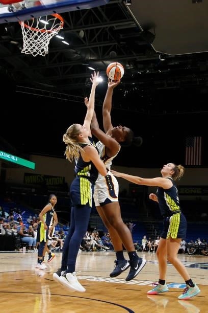 Teaira McCowan of the Indiana Fever shoots the ball during the game against the Dallas Wings on August 20, 2021 at the College Park Center in...