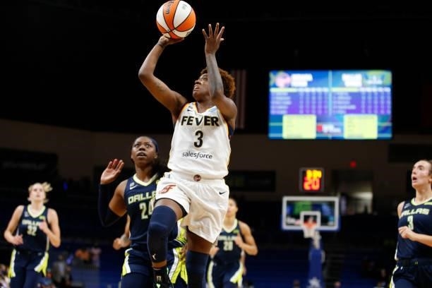 Danielle Robinson of the Indiana Fever shoots the ball during the game against the Dallas Wings on August 20, 2021 at the College Park Center in...