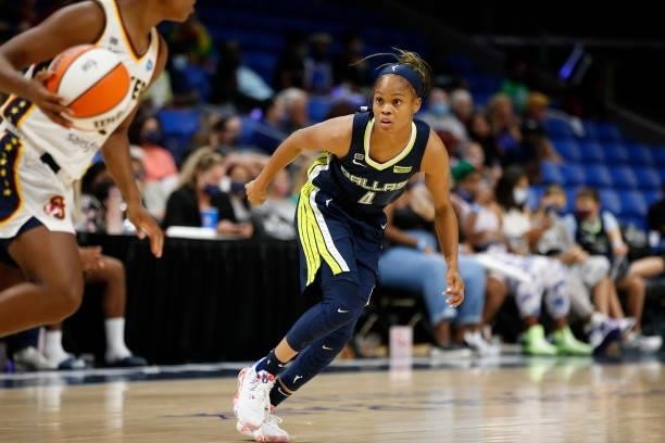 Moriah Jefferson of the Dallas Wings plays defense during the game against the Indiana Fever on August 20, 2021 at the College Park Center in...