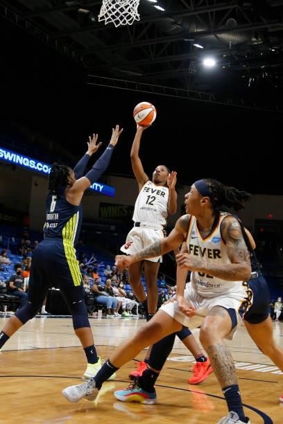 Lindsay Allen of the Indiana Fever shoots the ball during the game against the Dallas Wings on August 20, 2021 at the College Park Center in...