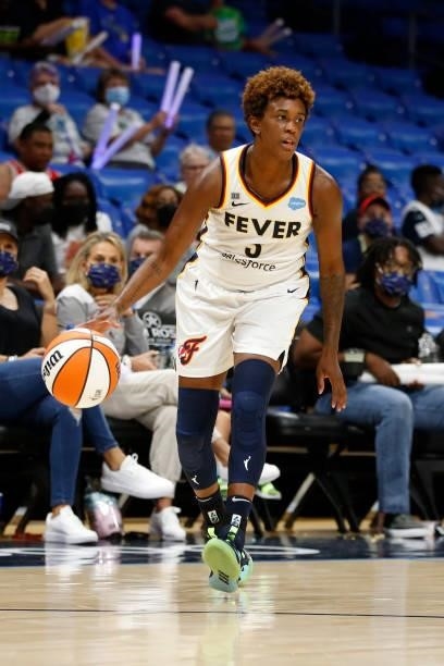 Danielle Robinson of the Indiana Fever dribbles the ball during the game against the Dallas Wings on August 20, 2021 at the College Park Center in...