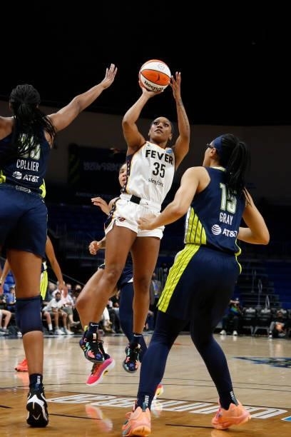 Victoria Vivians of the Indiana Fever shoots the ball during the game against the Dallas Wings on August 20, 2021 at the College Park Center in...