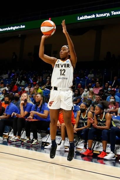 Lindsay Allen of the Indiana Fever shoots a three point basket during the game against the Dallas Wings on August 20, 2021 at the College Park Center...