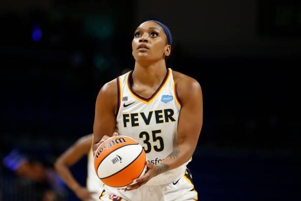 Victoria Vivians of the Indiana Fever shoots a free throw during the game against the Dallas Wings on August 20, 2021 at the College Park Center in...