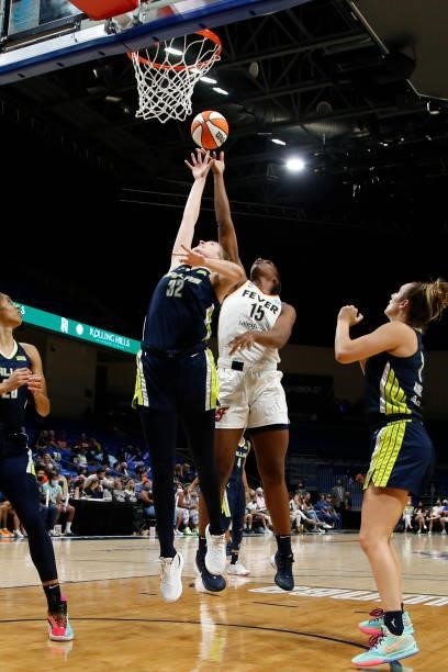 Teaira McCowan of the Indiana Fever rebounds the ball during the game against the Dallas Wings on August 20, 2021 at the College Park Center in...