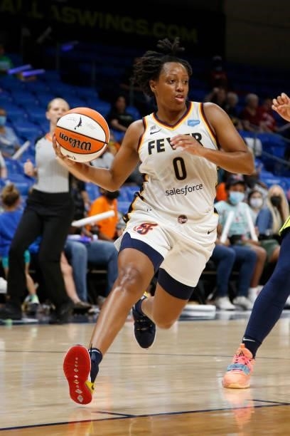 Kelsey Mitchell of the Indiana Fever drives to the basket during the game against the Dallas Wings on August 20, 2021 at the College Park Center in...